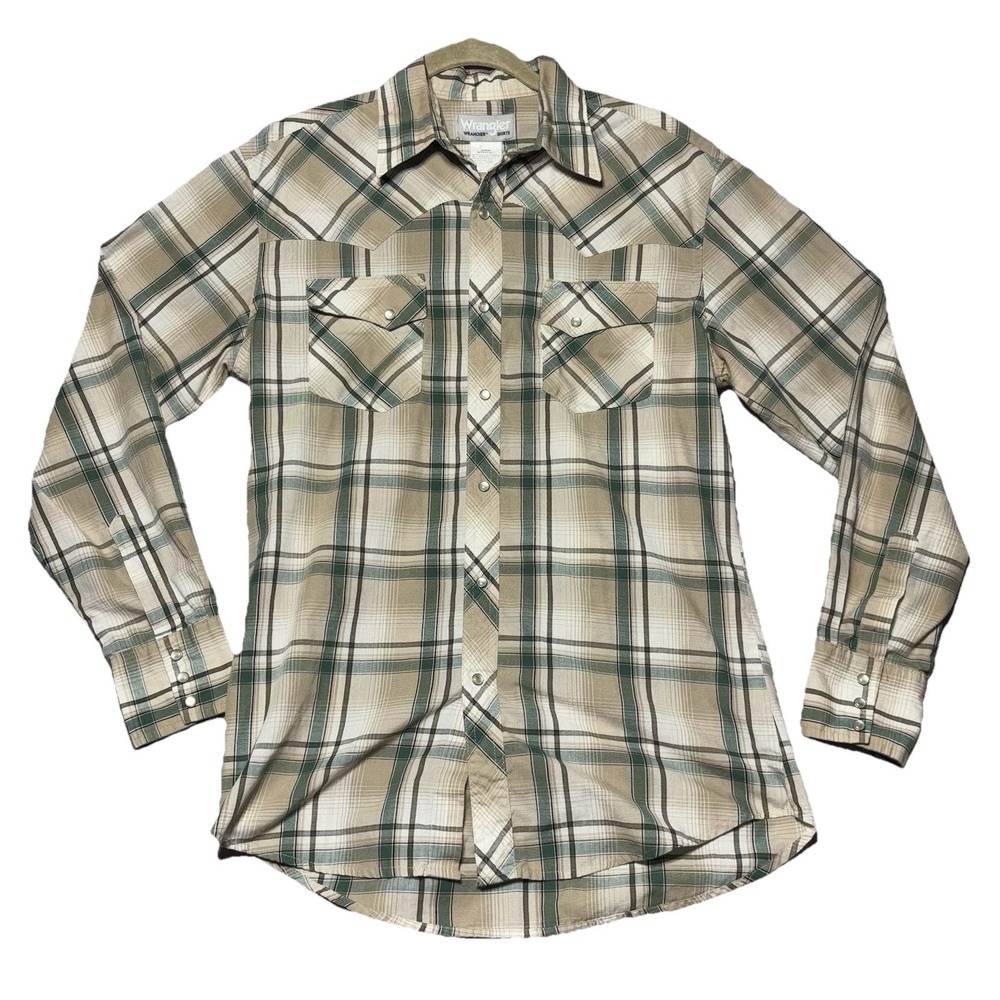 Wrangler Mens Shirt M-Long Sleeve Button Up Pearl Snap Green Plaid Western